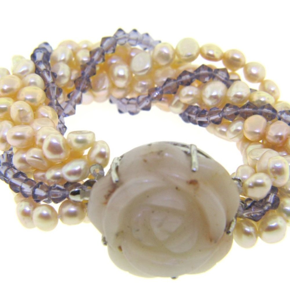 Fresh Water & Purple crystal Bracelet, Flower Brooch clasp.